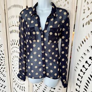 Sans Souci Sheer Polka Dot Blouse Navy Cream Hi Low Roll Tab Sleeve M